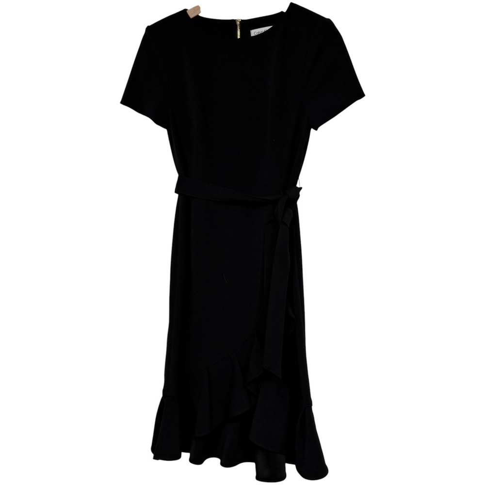 Calvin Klein Womens Black Ruffle Hem Faux Wrap Sheath Dress Size 4 Short Sleeve